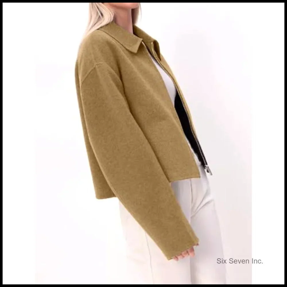 Cropped Wool Blend Pea Coat with Zipper Closure, Long Sleeve - Picture 5 of 7
